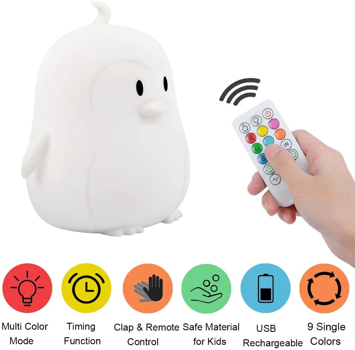 Kids Night Light (Silicone Light) USB Rechargeable Penguin Night Lights, 9 Colors Change with Touch Sensor and Remote Control for Baby/Kids/Adult Bedroom (Penguin)