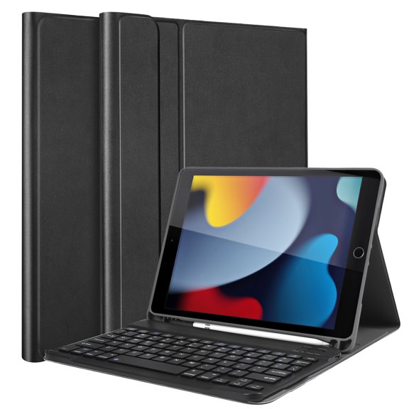 AICase Keyboard Case for iPad 9th/8th/7th Generation (2021/2020/2019) 10.2 Inch, Detachable Keyboard and Soft TPU Stand Cover with Built-in Pencil Holder Black