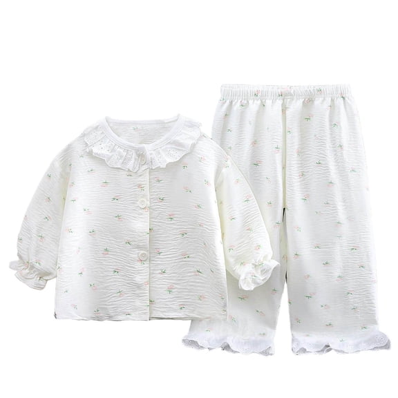 Girls Floral Print 2-Piece Pajama Set, Long Sleeve Button Down Top & Pants Loungewear with Lace Trim, White, Sizes Kids to Big Kids,Size 2-3 T