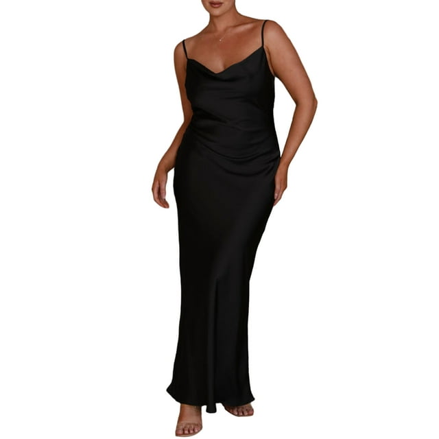 Faithtur Robe Longue Moulante pour Femmes Couleur Unie Bretelles Spaghetti Col Bénitier Robe Sans Manches Été Dos Nu Cami Robe