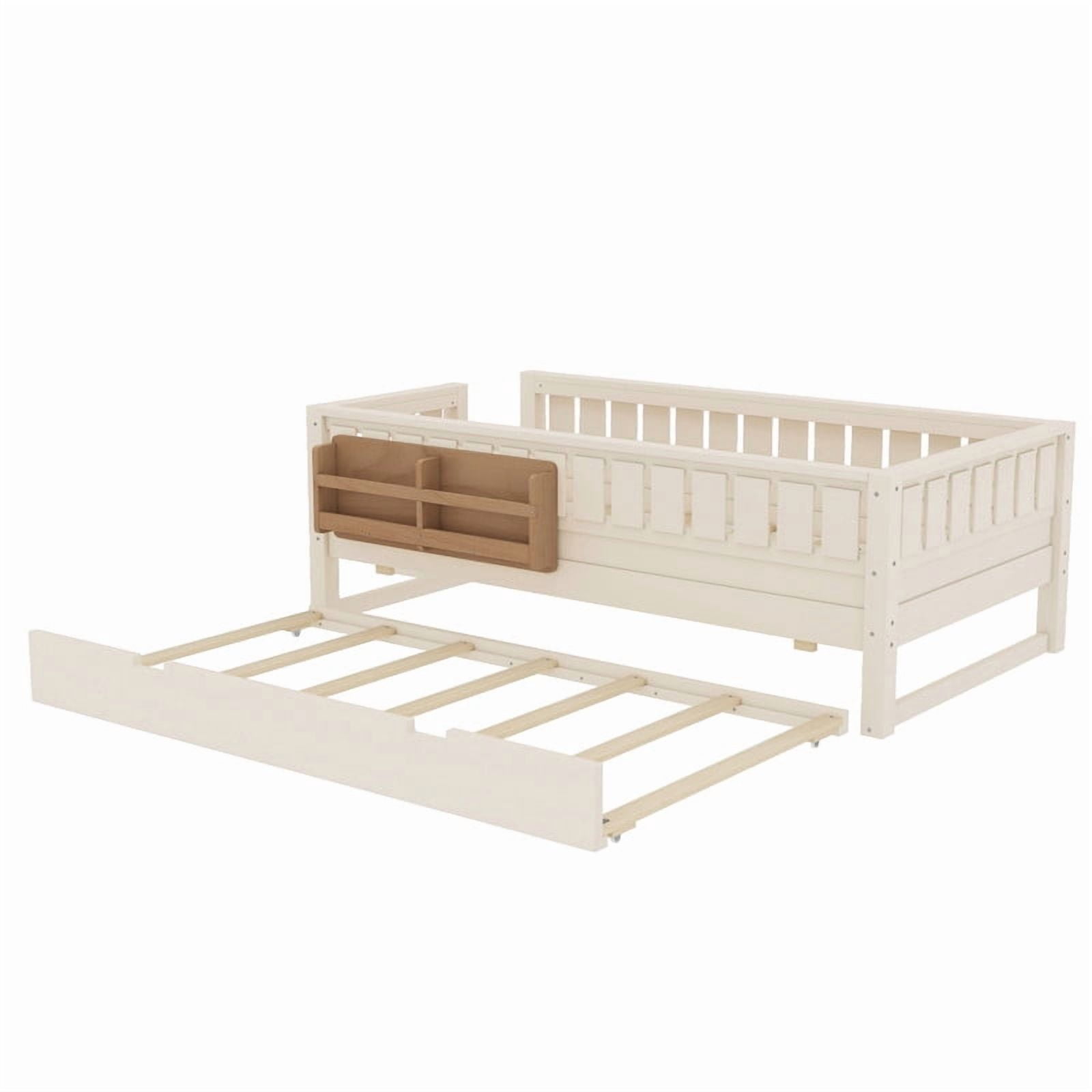 Bellemave Twin Bed with Trundle and Small Stairs, Twin Size Platform Bed Frame with Rail and Bookshelf, Wooden Montessori Floor Bed No Box Spring Needed,Beige