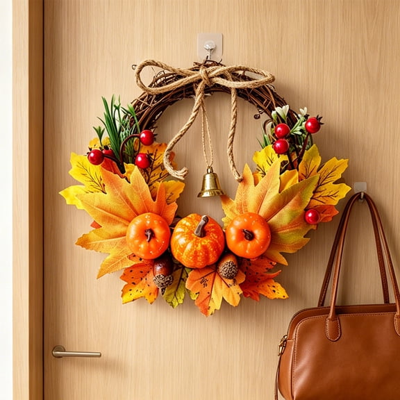 AYktou Fall Wreath with Artificial Maple Leaves Pumpkin & Berry, Artificial Floral Wreath for Front Door, Thanksgiving Halloween Wreath Autumn Garland Wall Farmhouse Holiday Outdoor Indoor Decor