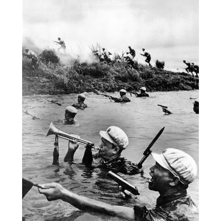 Chinese Communist Soldiers Cross A River During Training. The Bugle Was ...