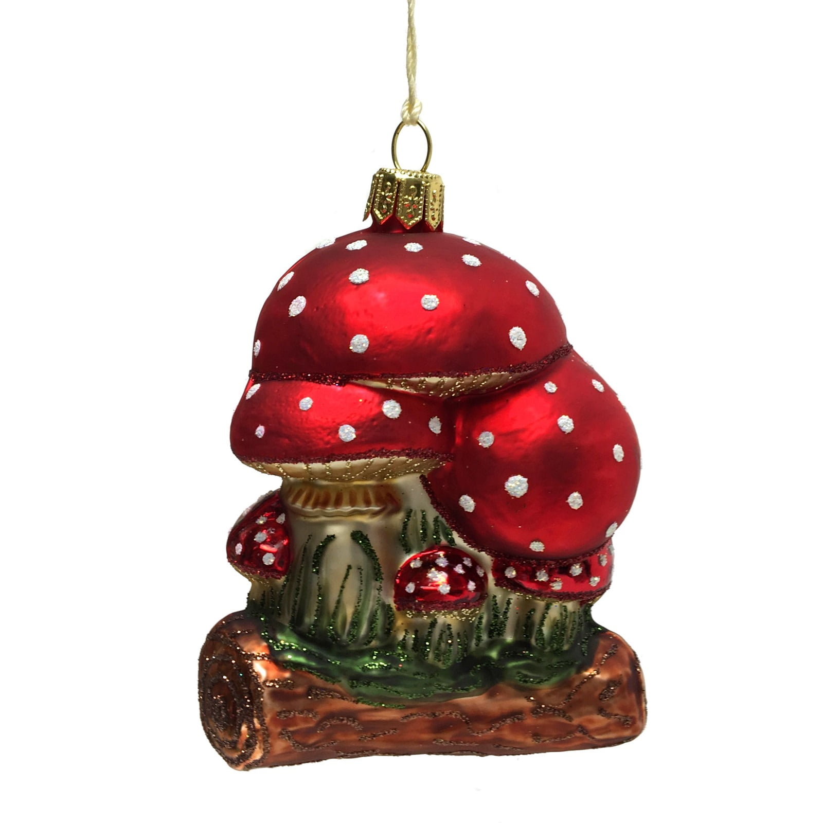 Red and White Toadstool Mushrooms on Log Polish Glass Christmas Tree ...