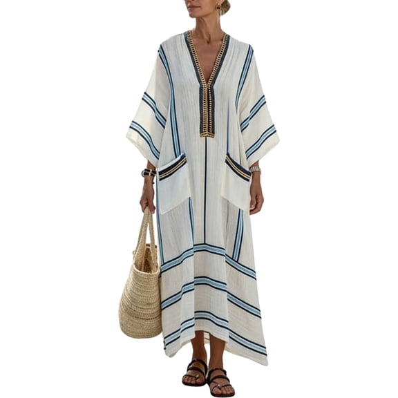 Maqroz Womens Loose Fit Striped Dress V Neck Short Sleeve with Pockets Long Maxi Sundress Blue XXXXL