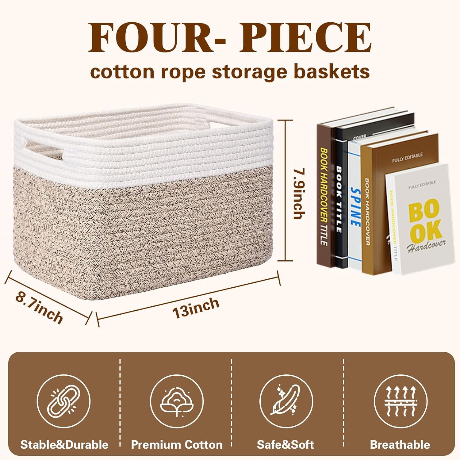 Natubeau 4 Pack Woven Storage Basket for Shelves, 13"x9"x8" Cotton Rope Woven Baskets for Organizing, Square Storage Bins with Handle, Brown & White