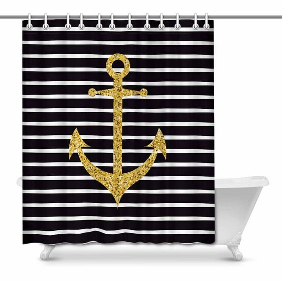 SUNENAT Modern Gold Sparkle Anchor on Black and White Striped Line Shower Curtain for Bathroom Shower Curtain 66(Wide) x 72(Height) Inches