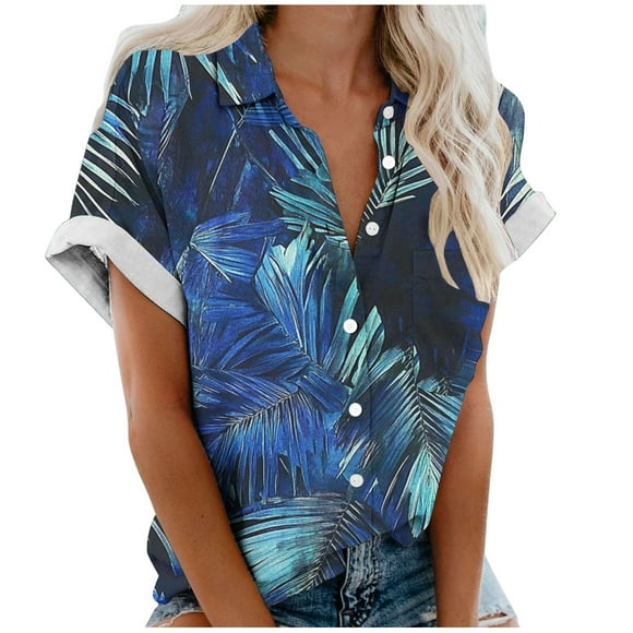 breaise Button Down Shirts for Women Casual Print Shirt Short Sleeve Casual Blouse Tops Summer Beach Holiday Tee S-2XL Sans frais de transport