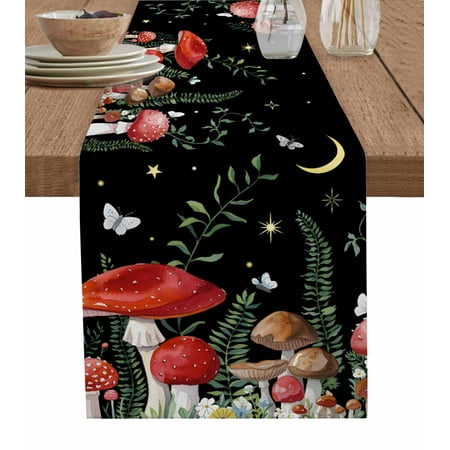 

Mushrooms Black Table Runner Botanical Leaf Butterflies Country Moon Tablerunners 13 x 72 Inch Table Decorations Tabletop Scarf for Summer Gathering Holiday Farmhouse Kitchen Dining Decor