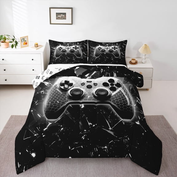 Videogames Reversible Comforter Set Twin Size,Geometric Honeycomb Gameapd Down Comforter Modern Gamer Bedding Set 2pcs Room Decor Teens Black Gaming Duvet Insert,1 Pillowcase