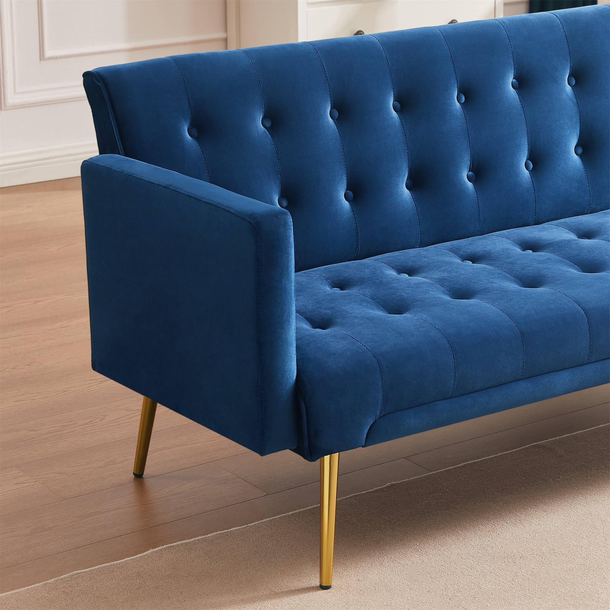 Bianlte Modern Velvet Futon Sofa Bed,Convertible Sleeper Sofa Couch with 3 Adjustable Couch Loveseat with Metal Leg for Living Room and Bedroom,Blue