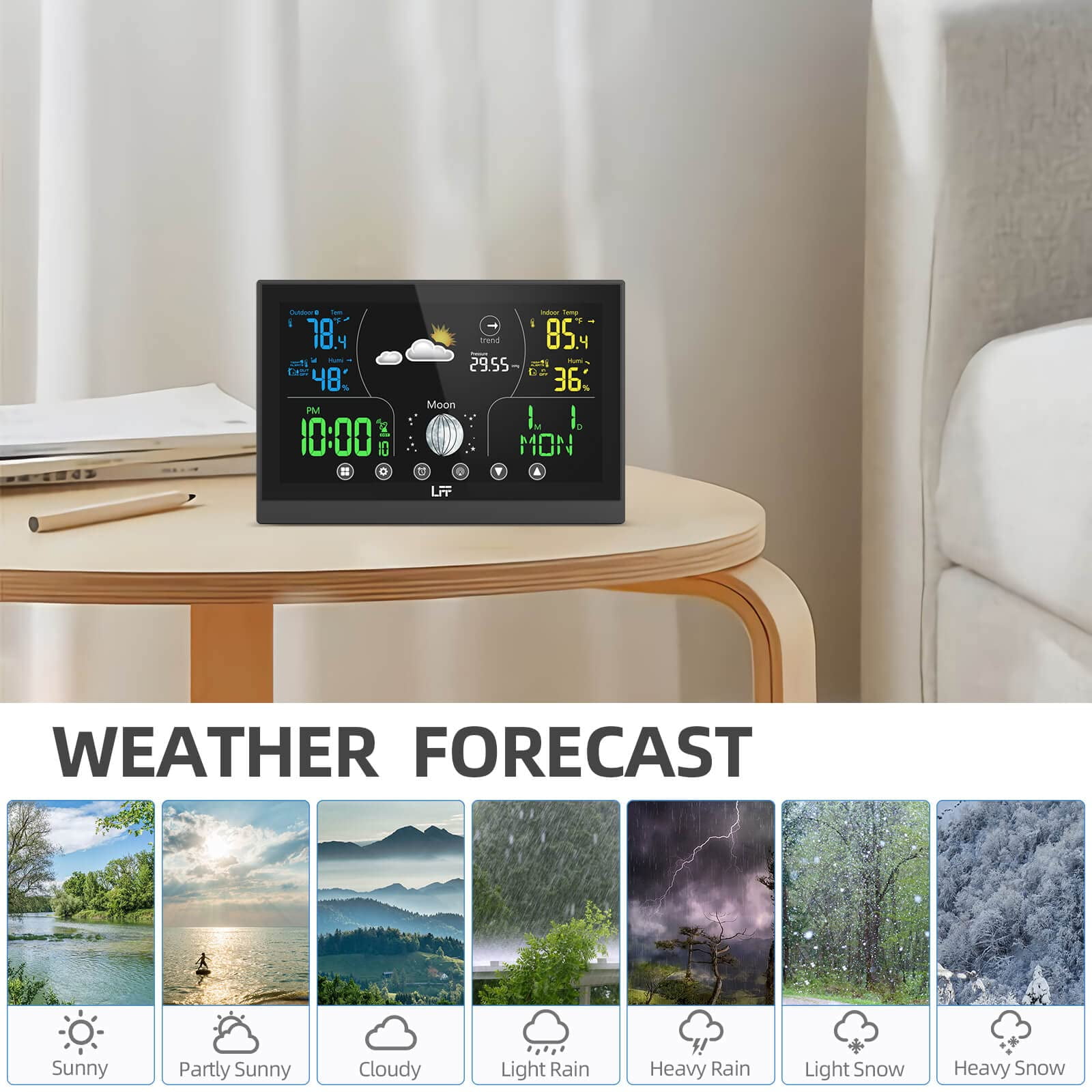 Weather Stations Wireless Indoor Outdoor LFF Indoor Outdoor Thermometer Wireless Color Display Digital Weather Station, Weather Thermometer Forecast Station with Atomic Clock and Adjustable Backlight