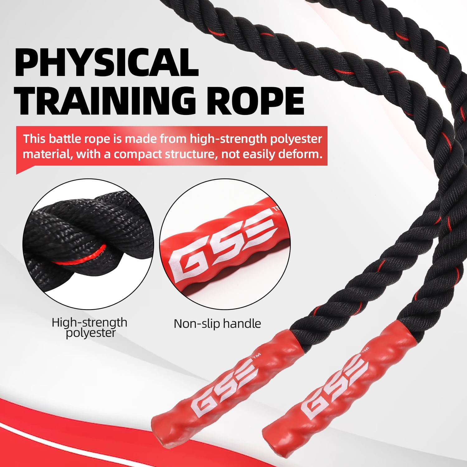 GSE Games & Sports Expert Red Polyester Gym Rope. 1.5 Heavy Weighted Workout  Battle Rope with Anchor Strap. Great for Physical Education, Strength  Training (30'/40'/50'Available) 