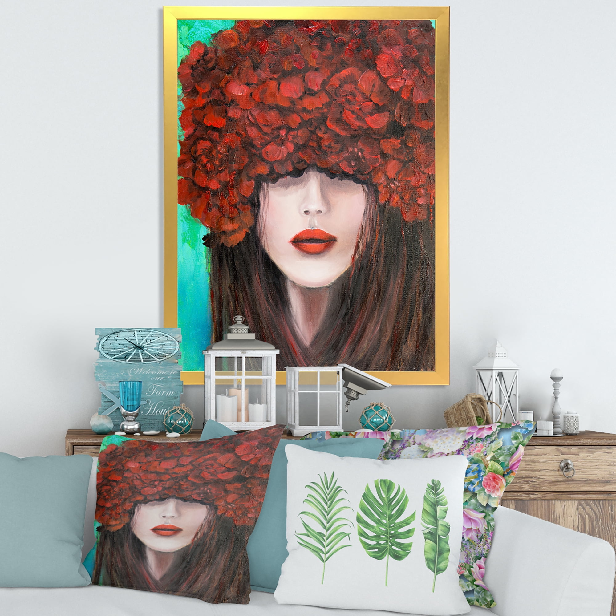 Designart 'Portrait Of A Young Lady With Red Flowers' Modern Framed Art Print