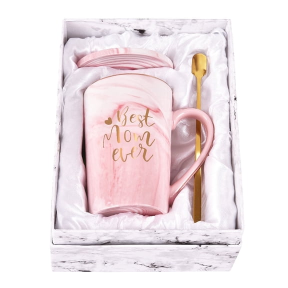 Ikfashoni Mother's Day Gifts, Pink Coffee Mug with Coaster and Spoon, Mom Gifts Cup, 14fl oz