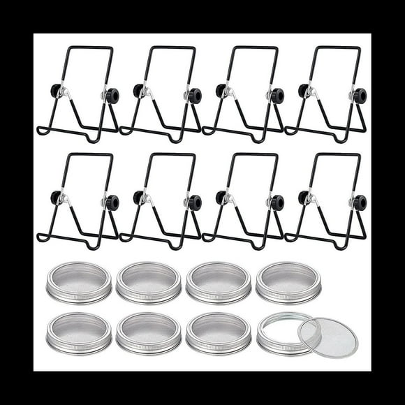 8 Sets Sprouting Jar Kit Includes Sprouting Lids and Sprouting Stands Jar Screen Lids for Sprouting Growing Seeds,8 x Sprouting Lids 8 x Sprouting Stands(13 x 9cm),Silver&Black