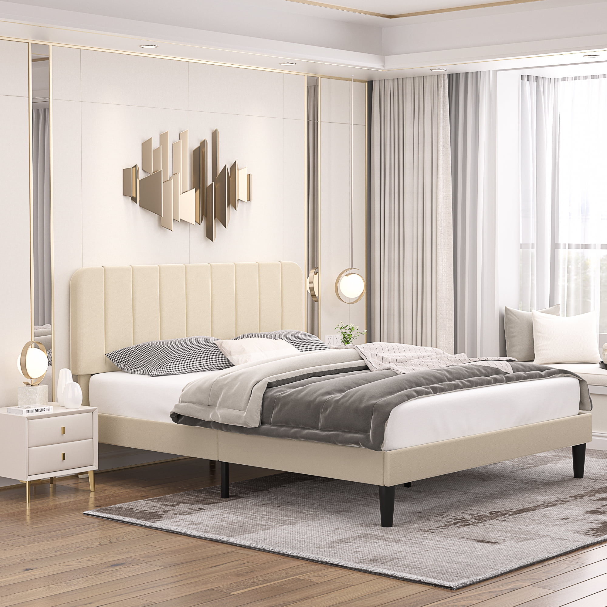 VECELO Queen Size Bed Frame, Upholstered Platform Bed Frame with Adjustable Headboard, No Box Spring Needed, Easy Assembly, Beige
