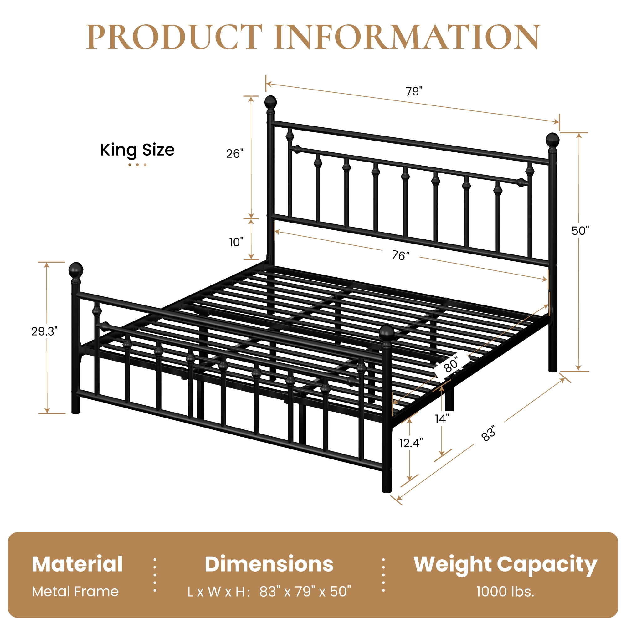 Sha Cerlin Black King Size Metal Platform Bed Frame with Victorian Vintage Headboard & Footboard