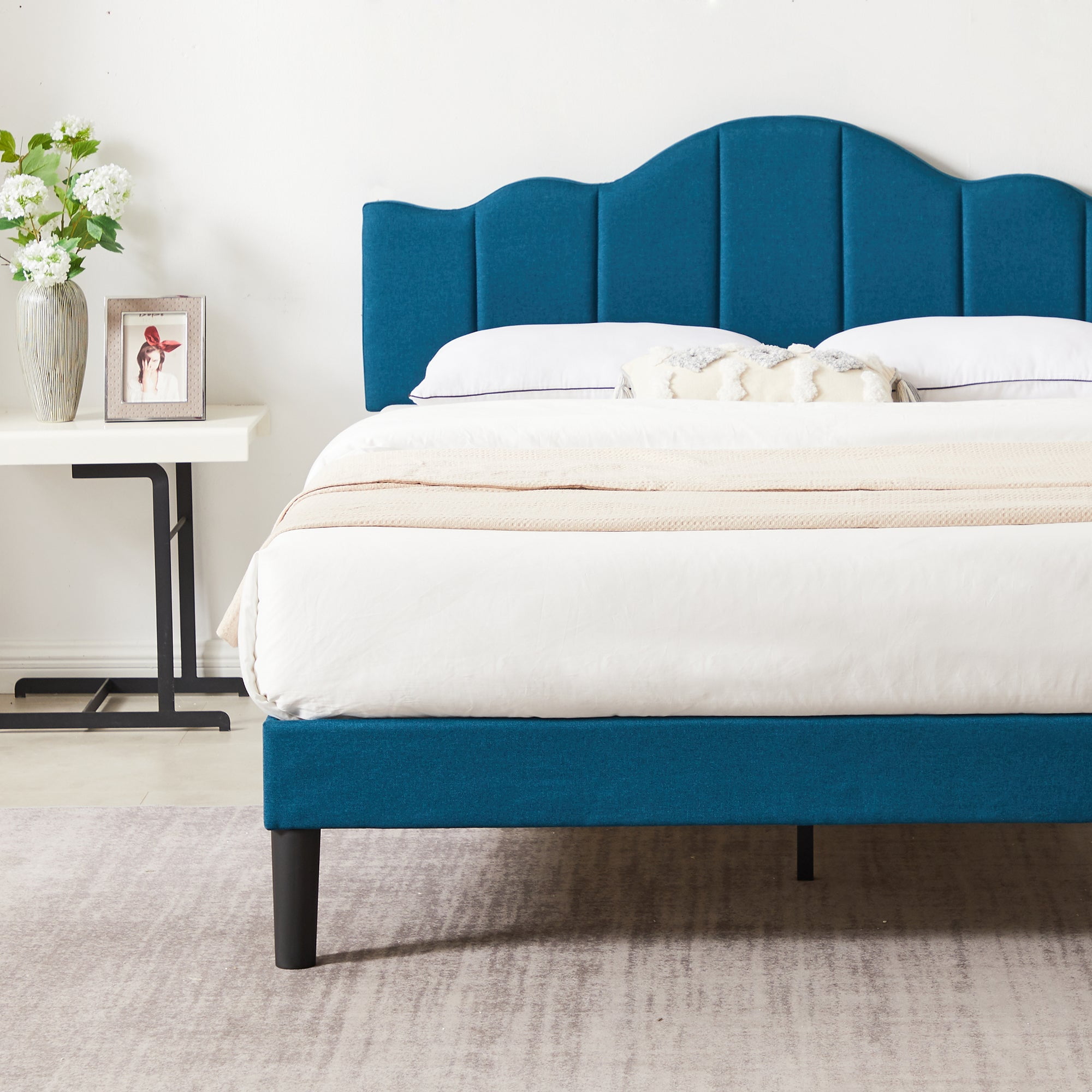 VECELO Queen Size Bed Frame, Upholstered Platform Bed with Adjustable Headboard, Wooden Slats Support, No Box Spring Needed, Easy Assembly, Eco Friendly Packaging, Blue