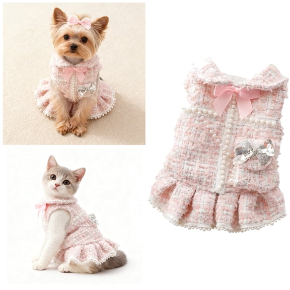 Shadoumai Pet Dress with Pearl Buttons, White Tweed with Black Bow and Rose Embellishments, Small Dog and cat Princess Outfit (White, Small)