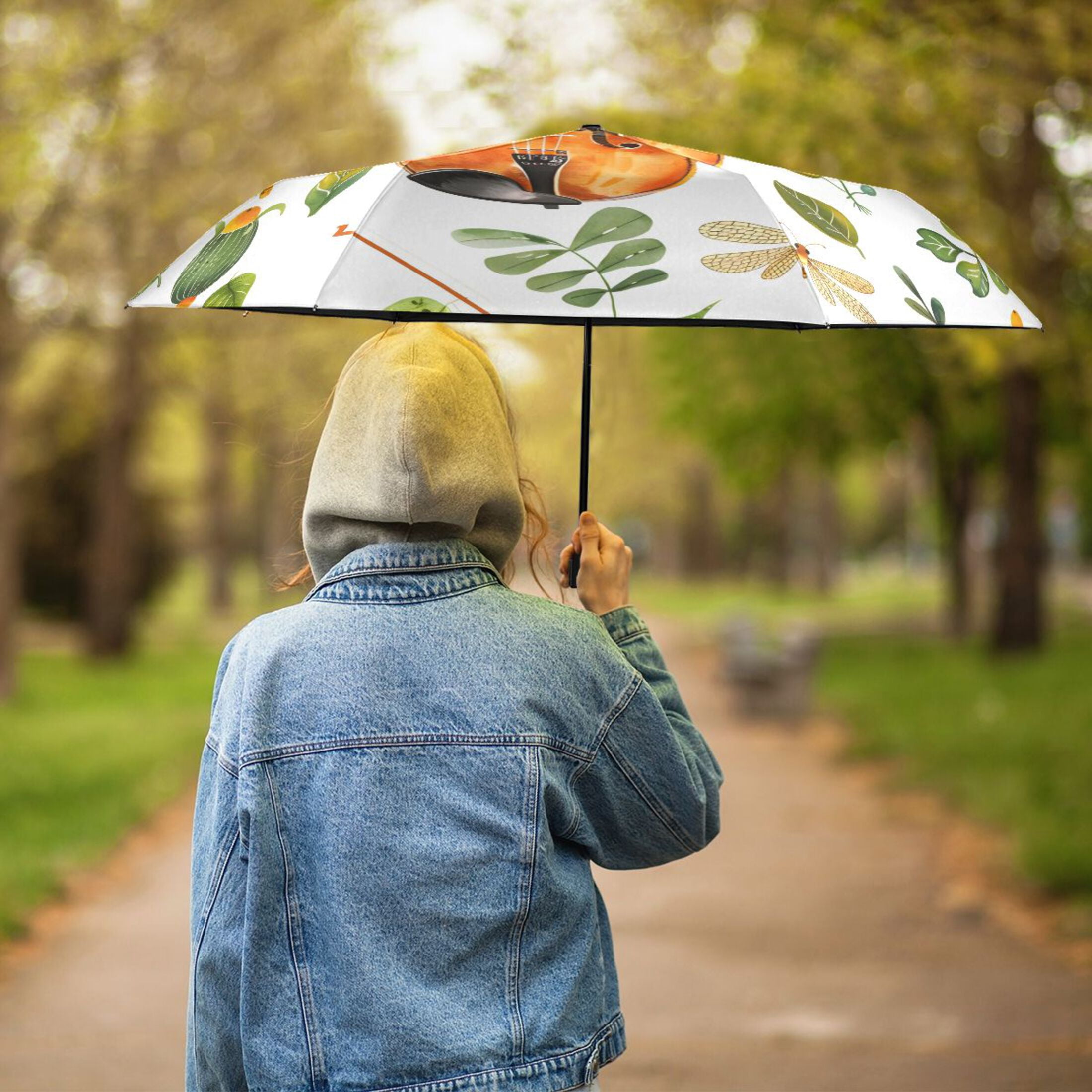 Violins and Leaves Watercolor All Weather Umbrella Triple Folding Parasol 6 Ribs UV Protection Portable