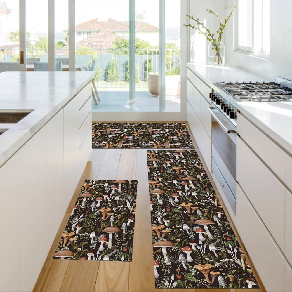 Boho Mushroom Print Kitchen Rugs Sets of 3,Non Slip Rubber Kitchen Mats for Floor Vintage Farmhouse Washable Kitchen Area Rugs Floor Carpet Runners for Hallway Laundry Room,Brown/Black/Green