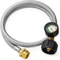 thumbnail image 1 of 3 Feet Propane Adapter Hose with Gauge, 1lb to 20lb Adapter Converts 1lb Appliances to 5-40lb Tanks, Stainless Steel Braided Hose for Blackstone Griddle, Weber Q, Coleman Grill, Buddy Heaters, 1 of 7