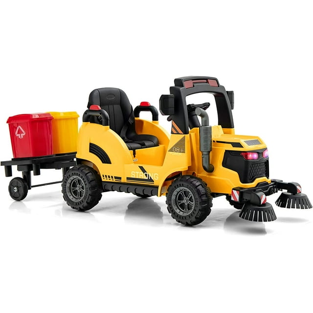 OLAKIDS Ride on Car, 12V 2 in 1 Kids Street Sweeper Truck Electric Vehicle with Remote Control, Rotatable Cleaning Brushes, Removable Trash Bins, Toddlers Battery Powered Construction Toy (Yellow)