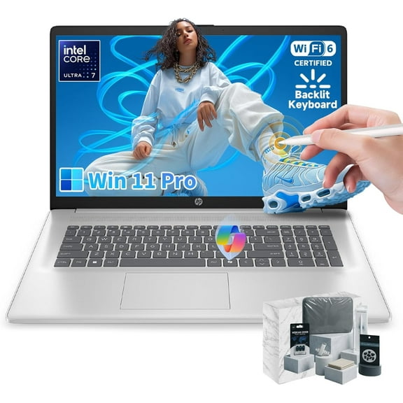 HP 17 Touchscreen Laptop, Intel Ultra 7 255U, 17.3 Inch HD Anti-Glare 250 nit Display, 32GB DDR5, 2TB SSD, Copilot AI, Backlit KB, Fingerprint, Windows 11 Pro