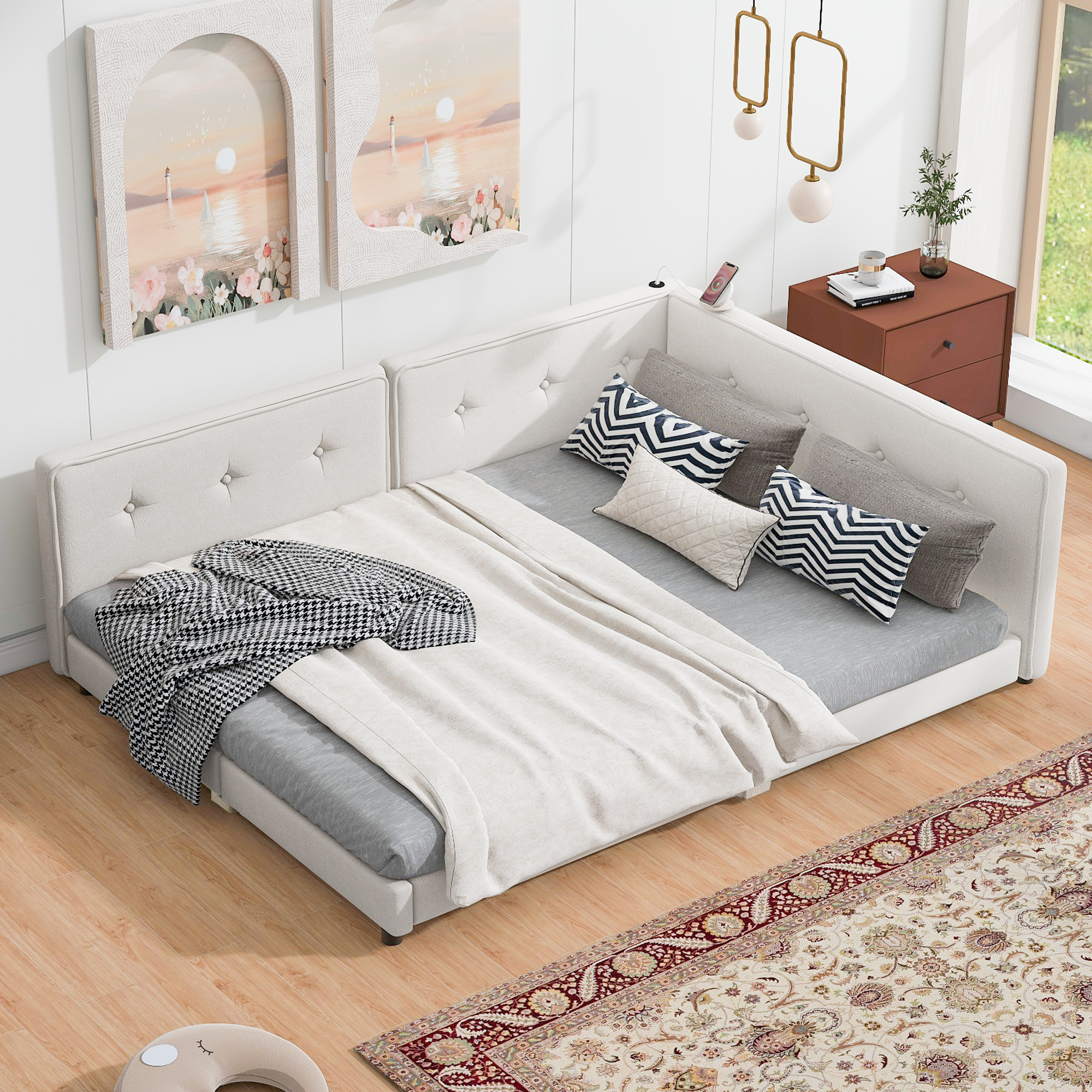 Euroco Upholstered Queen Size Platform Bed with USB Charging Station, Beige