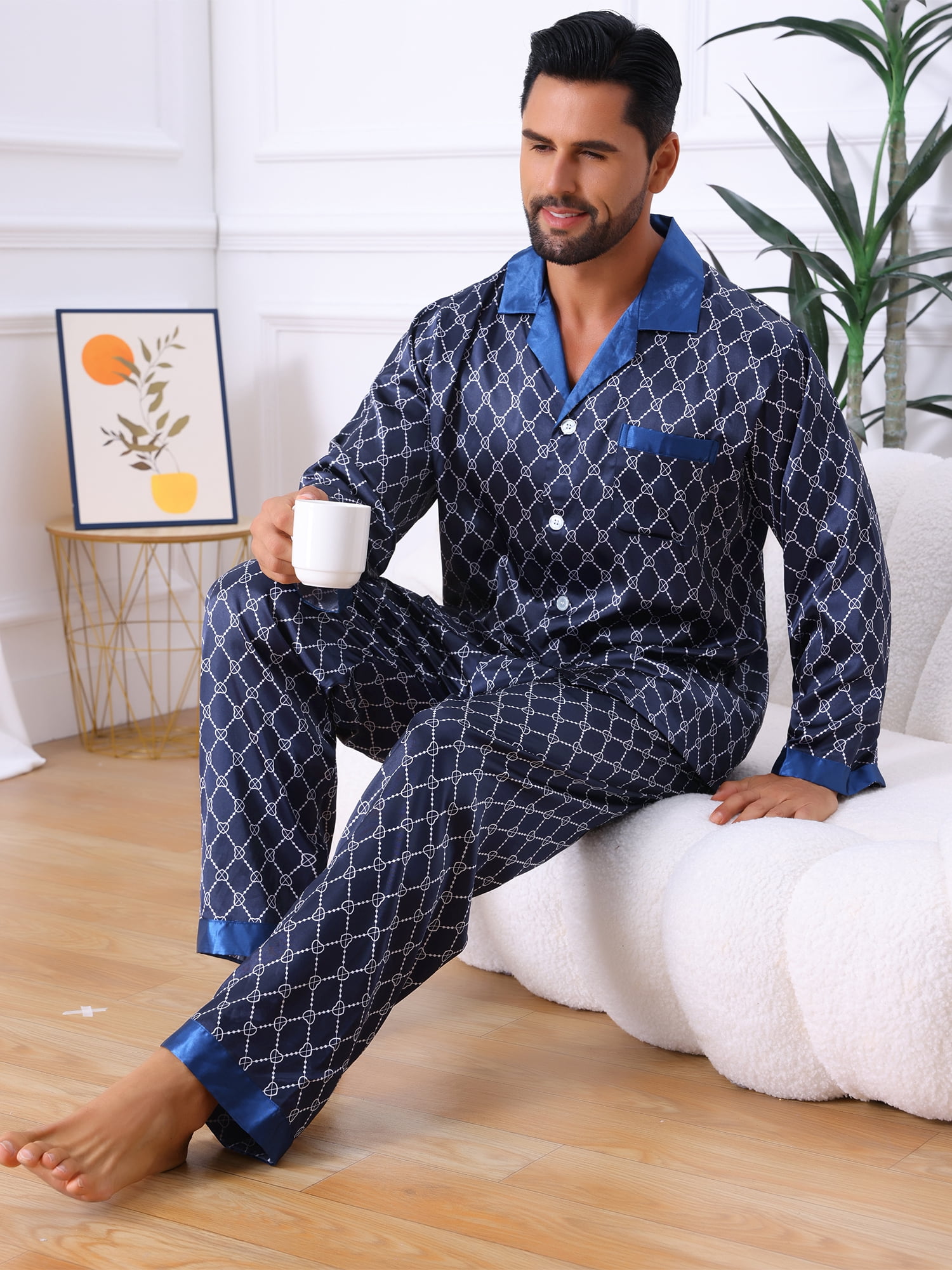 DARING DIVA Men's 2-Piece Button Down Printing Sleepshirt Pajamas Set XL Blue