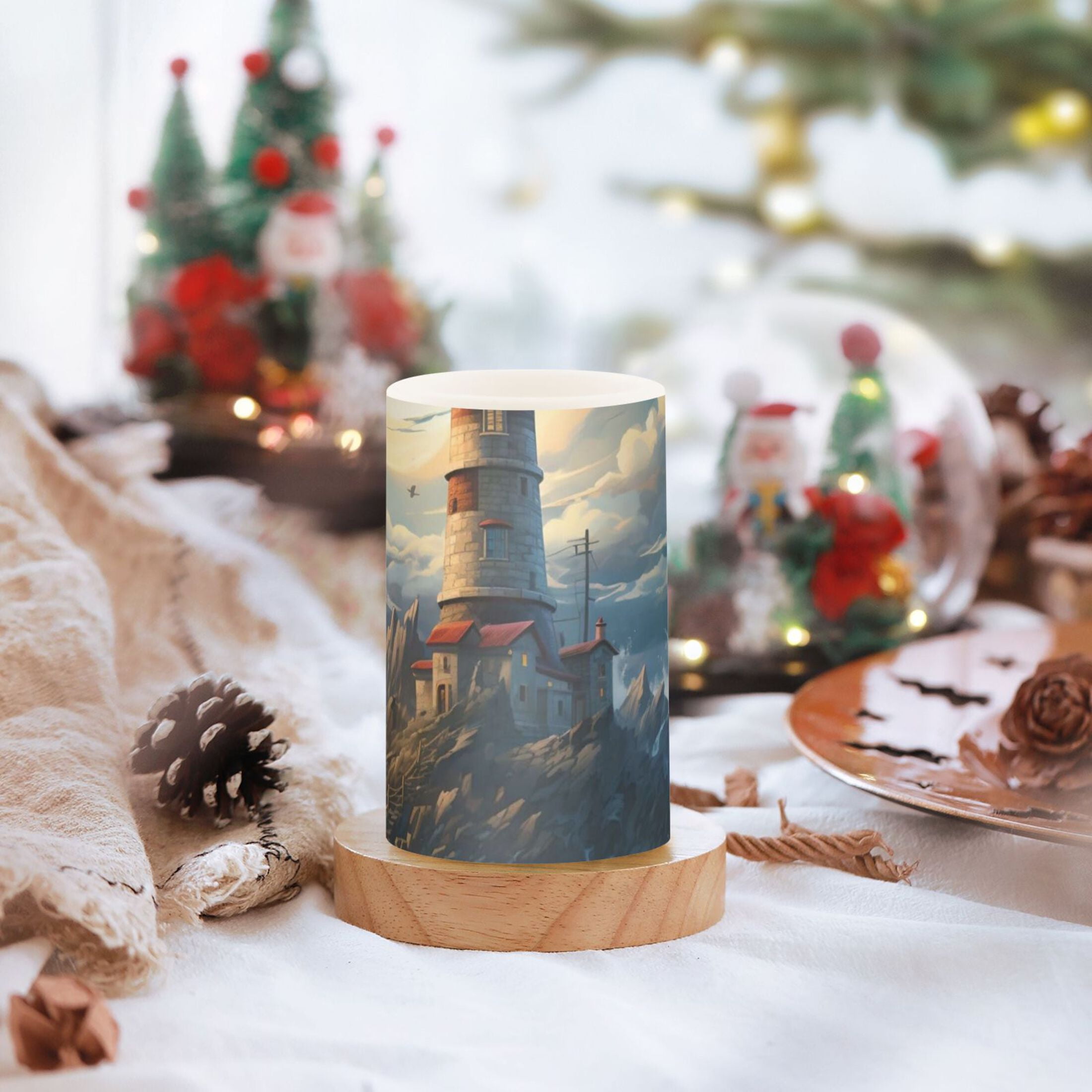 Lighthouse Waves Flickering Flameless Candles Battery Operated with Remote Timer LED Pillar Candles Set of 2
