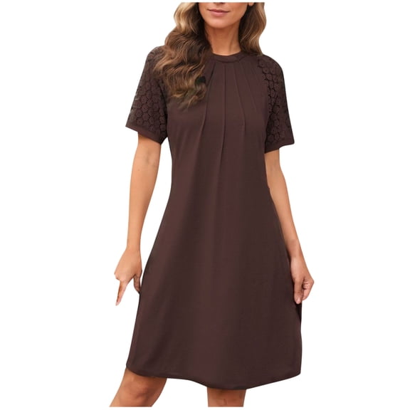 Summer Beach Dresses for Womens 2026 Fashion Plus Size Casual Lace Short Sleeve Round-Neck Dress Fold Solid Color Dress