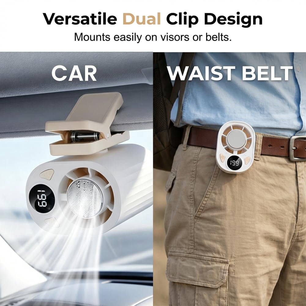 2026 Car Clip on Air Conditioner Fan, Hands-Free Personal Cooling Fan with LED Display, 360° Rotation Portable Mini Fan with 199 Speeds & Semi-Cooling Technology for Cars, Work, Outdoor
