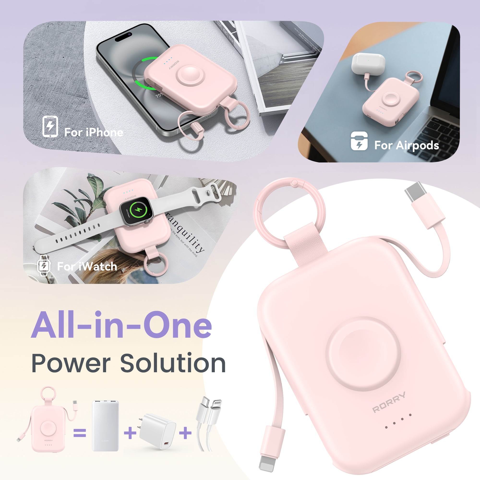 RORRY Portable Charger, 5000mAh Power Bank - Apple Watch Charger with Built-in Cables,Travel-Ready Portable Charger for iPhone 17/ 16/15/14 ,Android ,Apple Watch , Pink with Pink Keychain