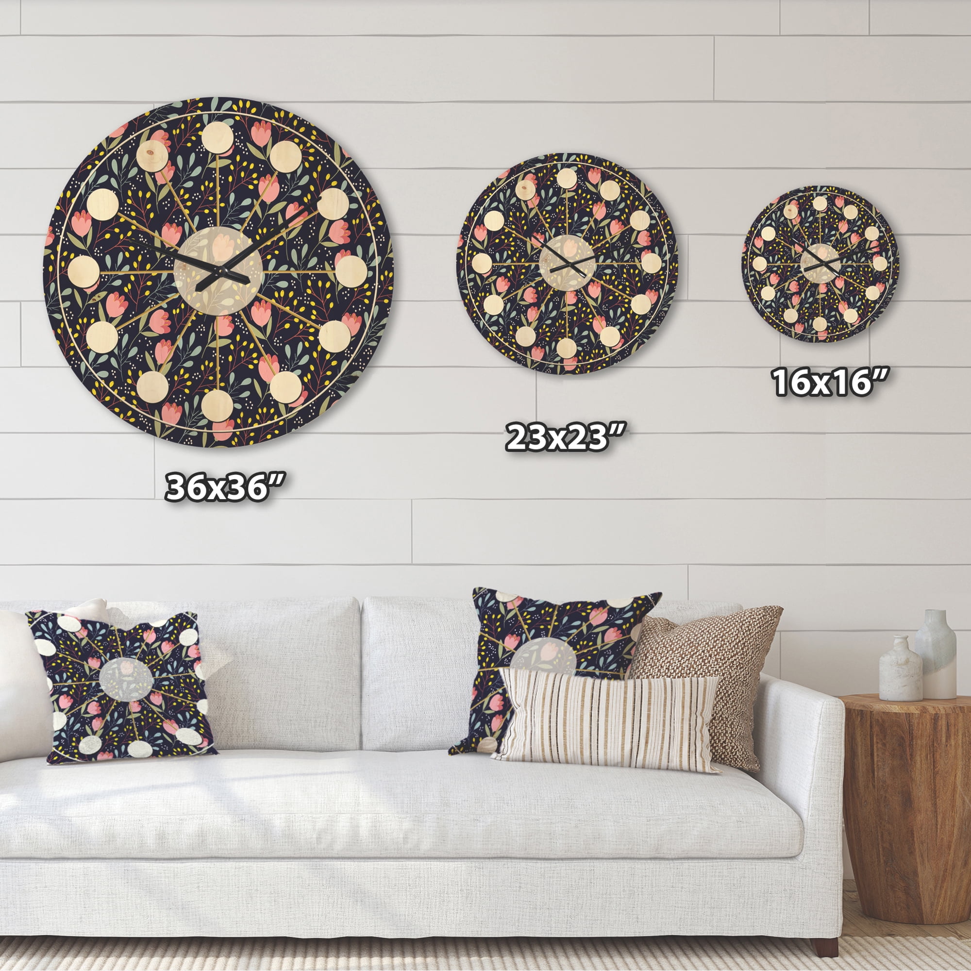 Designart 'Pink Flowers With Leaves' Mid-Century Modern Wood Wall Clock