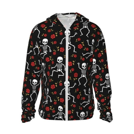 Sigee Skeleton with Roses Print UPF50+ Men s Sun Protection Hoodie Shirt SPF UV Shirt Long Sleeve Fishing Outdoor Lightweight S-3XL
