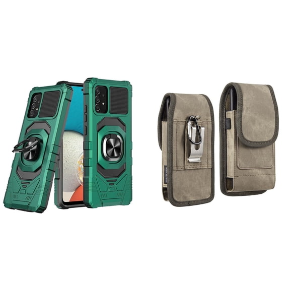 Case with Belt Holster Bundle for Samsung Galaxy A53 5G: Heavy Duty Shield Cover (Midnight Green) and Vertical Rugged Denim Nylon Phone Pouch (Brown)