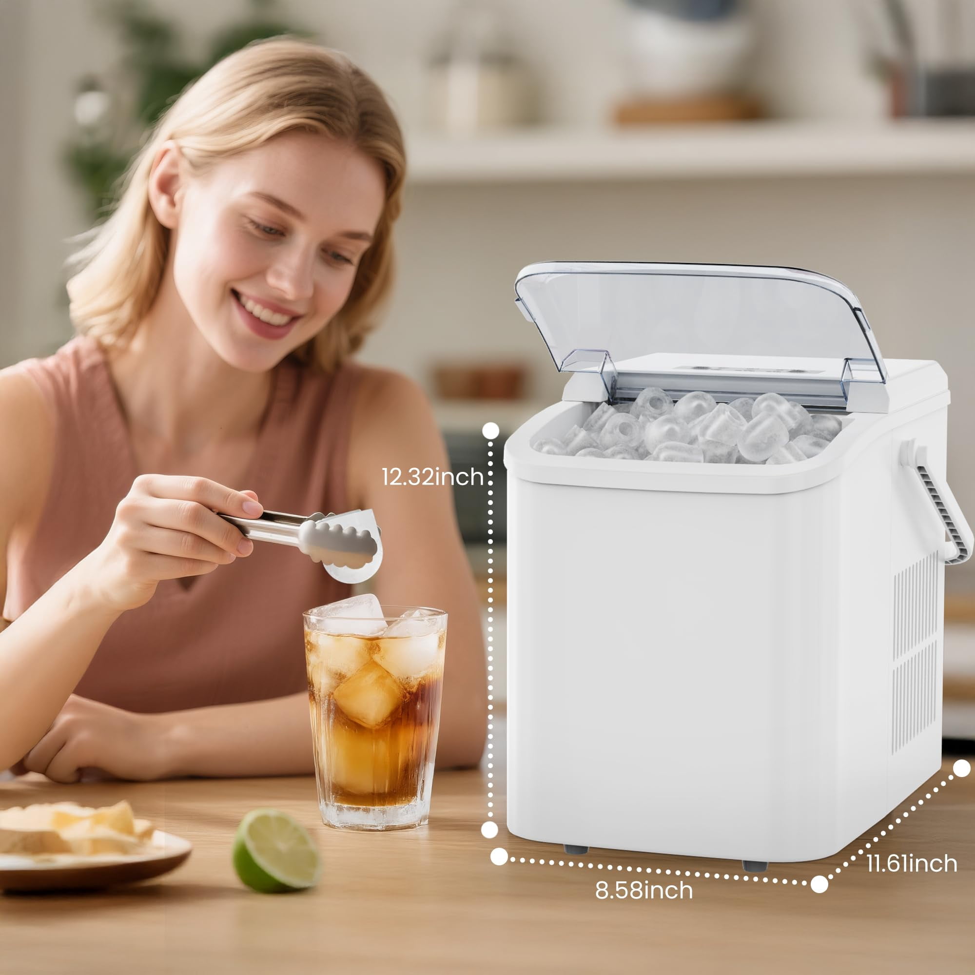 LIFERECORD Portable Ice Maker Countertop with Handle, 6 Mins for 9 Bullet Ice, 26lbs/24H, Self-Cleaning Compact Ice Machine for Home, Kitchen, Camping & Parties, White