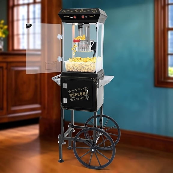 Popcorn Machine Cart with 6 Oz Kettle Makes Up to 32 Cups and Warming Light, Popcorn Maker Machine, Movie Theater Pop Corn Machine with 2-Switch Control & Tempered Glass Doors, Easy to Clean (Black)