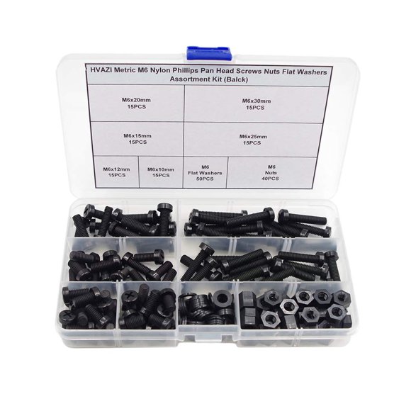 Hvazi Metric M6 Nylon Phillips Pan Head Screws Nuts Flat Washers Assortment Kit (Black)