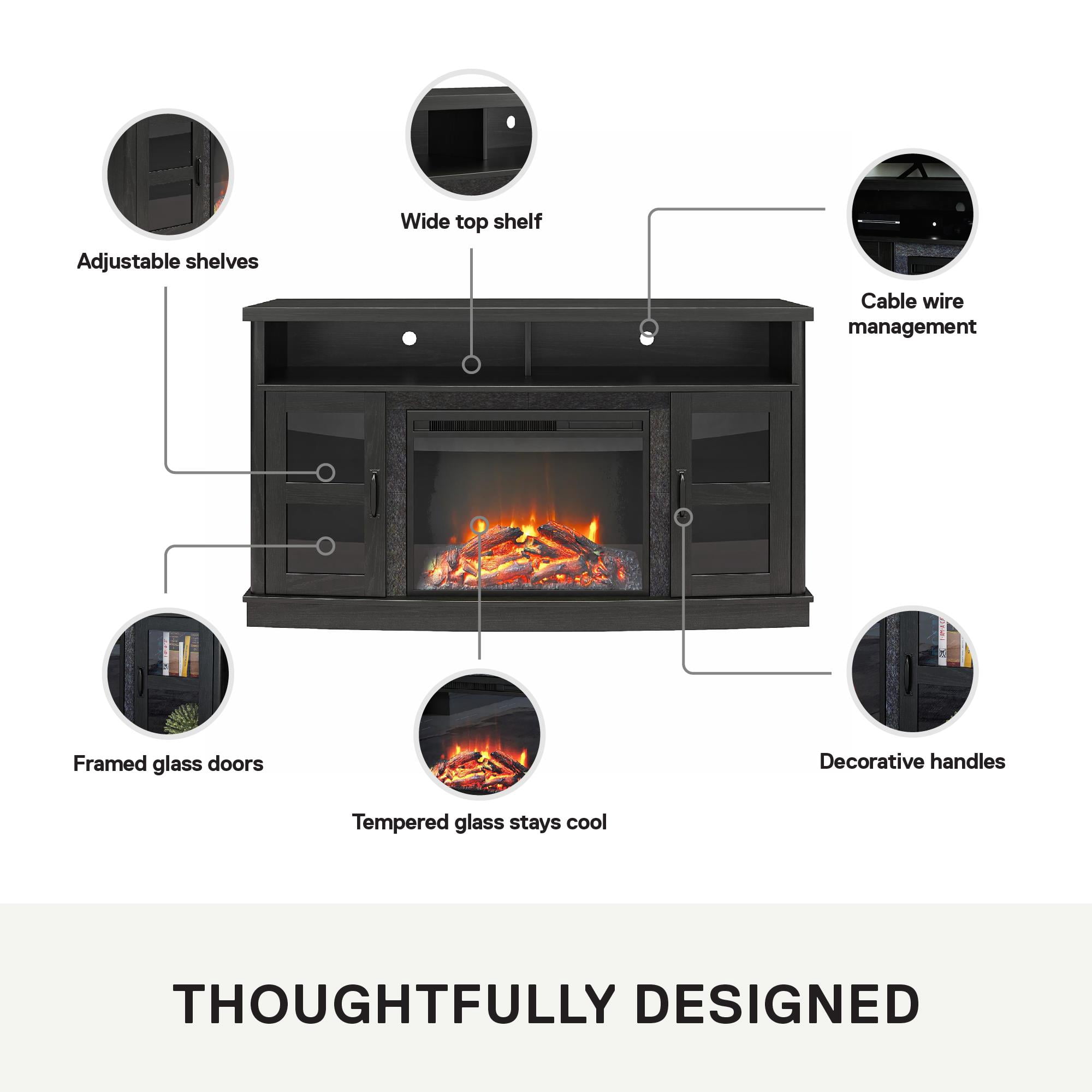 Ameriwood Home Brunswick Bay Fireplace Console with Glass Doors for TVs up to 60", Black Oak