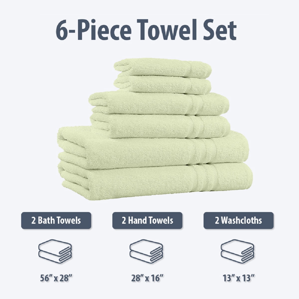 Home Sweet Home 100% Cotton 6-Piece Bath Towel Set - Extra Soft Bath Towels, Sage