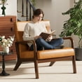 thumbnail image 3 of JULY'S SONG Mid Century Modern Accent Chair with Pillow, Leather Upholstered Reading Chair with Wood Frame, 25.6" W Arm Chairs in Living Room,Brown-Leather, 3 of 9