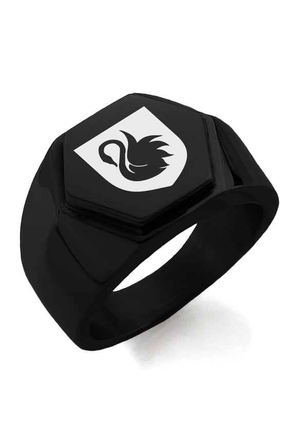 Stainless Steel Swan Harmony Coat of Arms Shield Engraved Hexagon Crest Flat Top Biker Style Polished Ring