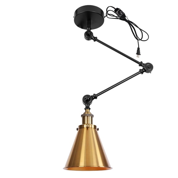 Kiven Pendant Light Fixture Adjustable Height,Gold Swing Arm Hanging Lights Retractable Design with 15ft Plug-in Cord, Industrial Ceiling Pendant Light for Kitchen Island Picture Office TB0132