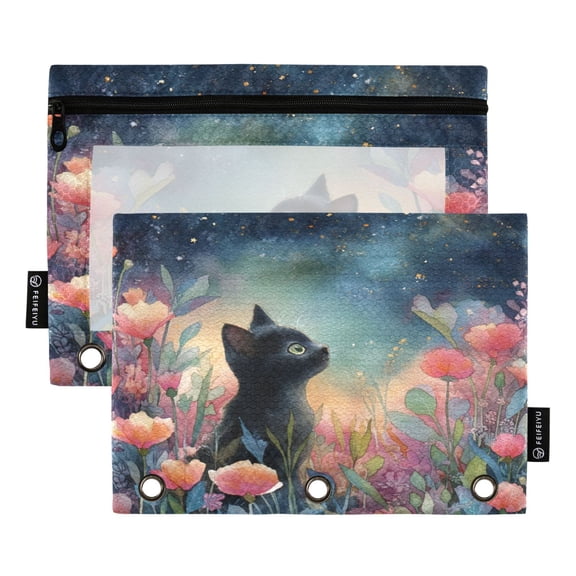 2 Pack Pencil Bag 9.84x6.1 Inch 3-Ring Page Turning Folder Zipper Pencil Case Pencil Bag Page Turning File Bag Beautiful Flower Cat