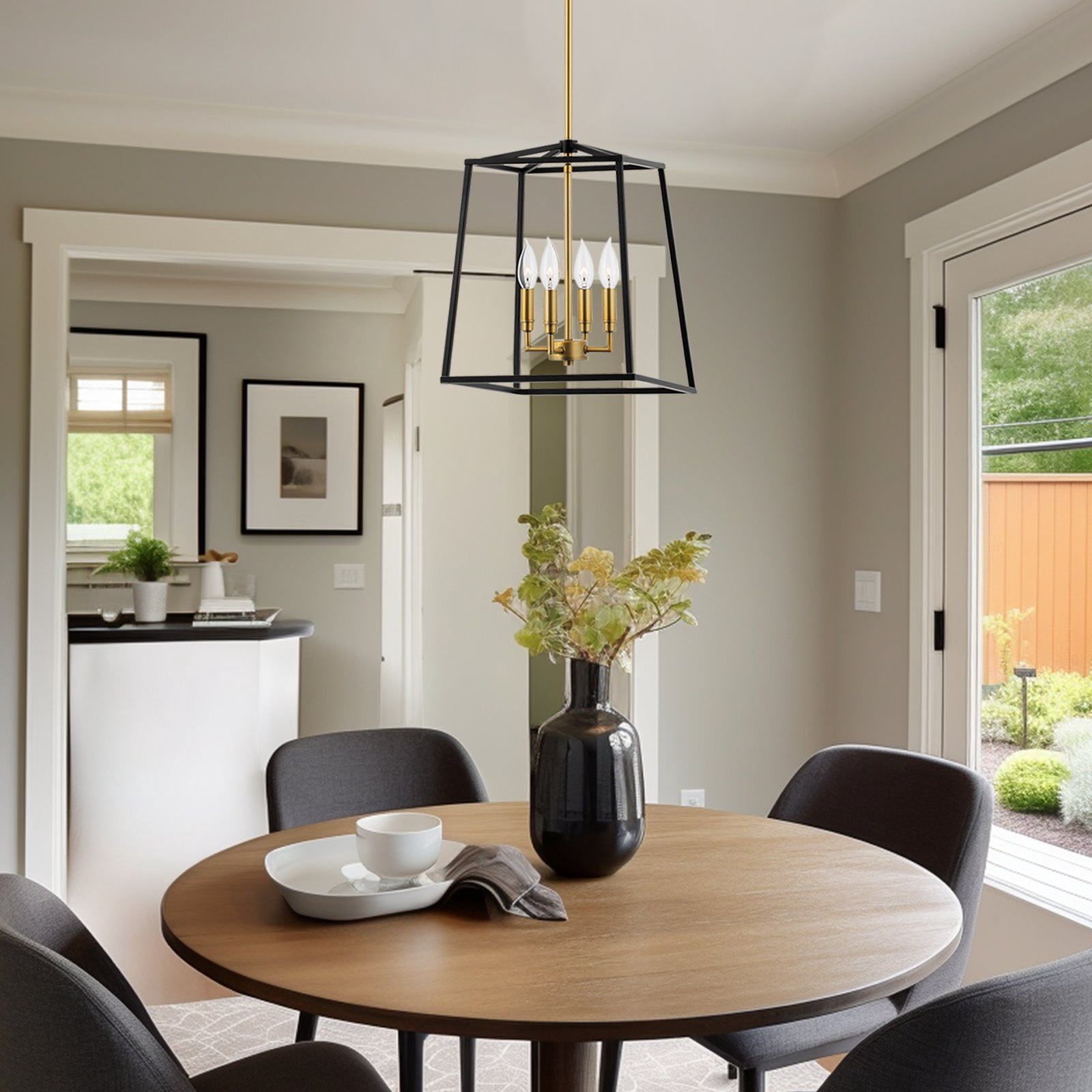 Kira Home Bellevue 16" 4-Light Farmhouse Lantern Pendant Light, Adjustable Foyer Chandelier, Warm Brass Accents + Black