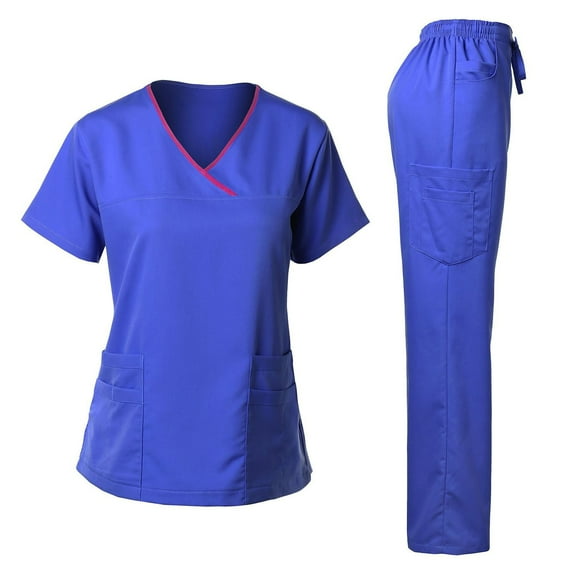 CHUMUD Medical Uniform Scrubs for Women Set – V Neck Stretch Contrast Binding Top and Pants Sets, 9 Pockets, Nursing Workwear