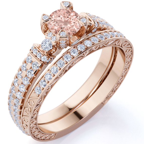 Elegant 1.75 ct - created Round Pink Champagne created morganite-Edwardian Engagement Ring - Vintage Wedding Set - 18K Rose Gold over Silver